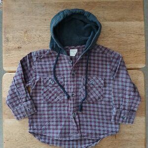 Cute hooded button front gray small plaid top sz 74 EU/US 6-9 mos. boys